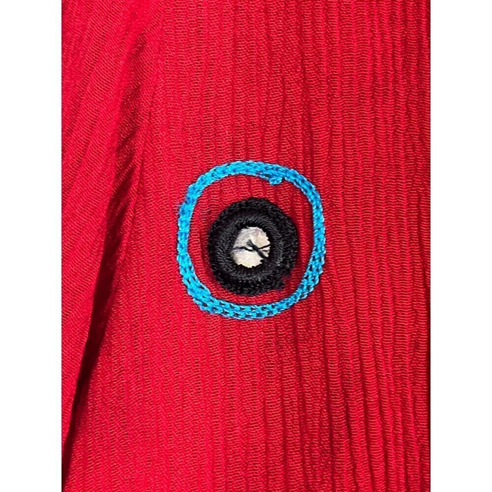 Retro Crinkle Floral Shirt 1X Red Embroidery Artsy 80s Ribbed Preppy Classic 80s - Picture 9 of 12
